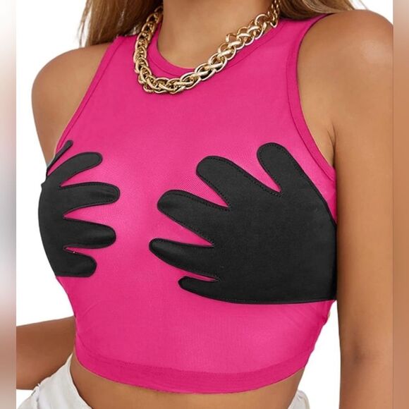 🌟  NWT Pink mesh hands crop top size XS - Picture 1 of 4